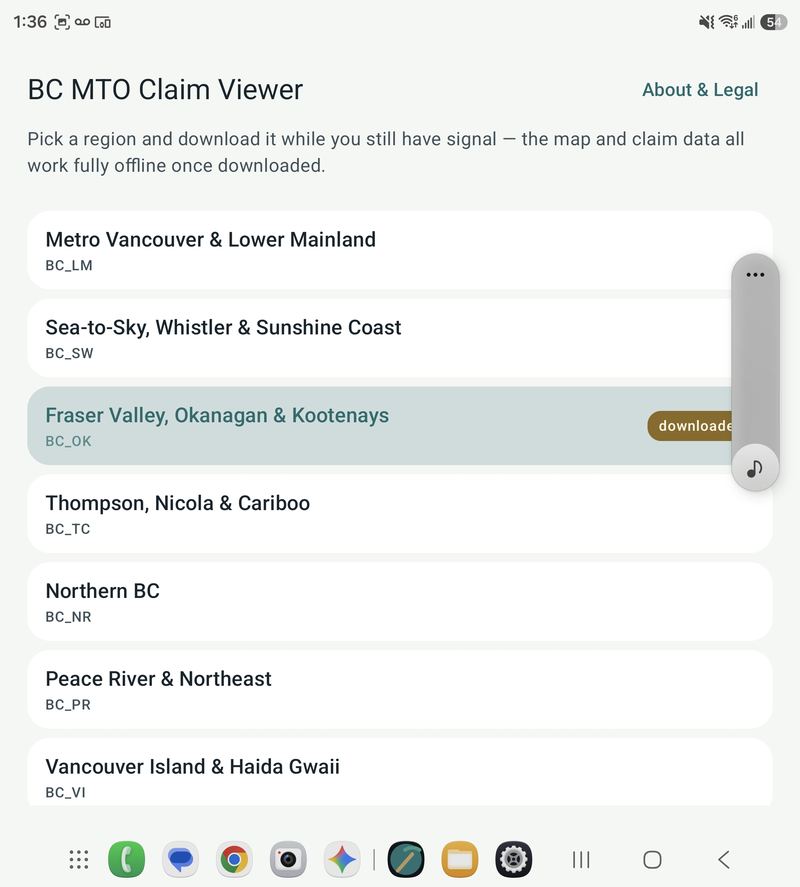 Region picker screen listing BC sub-regions to download