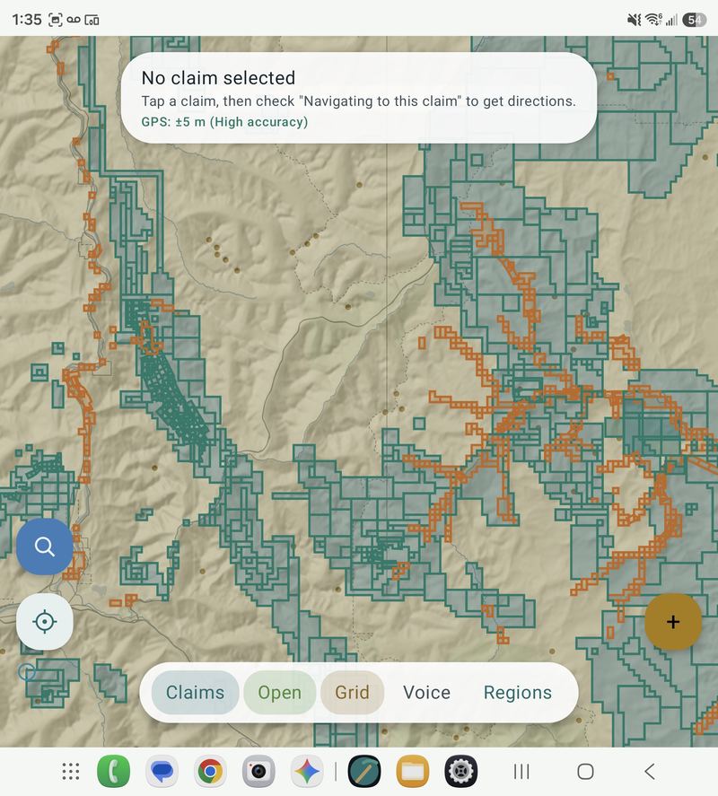 Map with Claims, Open, and Grid layer toggles each in their own color